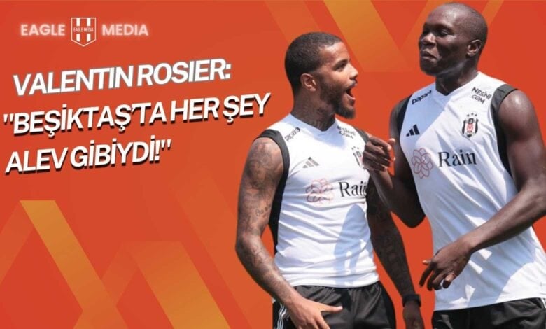 Beşiktaş antrenmanında Valentin Rosier ve Vincent Aboubakar neşeli bir şekilde sohbet ediyor. İki oyuncu, siyah-beyazlı takım formasıyla çim sahada yan yana duruyor; dostça bir anı paylaşıyorlar.