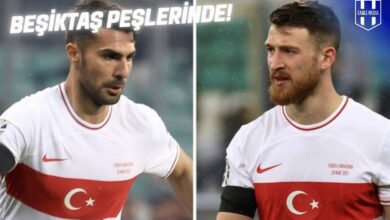Türkiye A Milli Takımı formasıyla sahada yer alan Zeki Çelik ve Salih Özcan'ın yan yana yer aldığı görsel. Üst kısımda "Beşiktaş Peşlerinde!" ifadesi ve sağ üst köşede Eagle Media logosu bulunuyor.