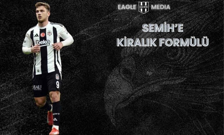 "Beşiktaş formasıyla sahada yürüyen genç forvet Semih Kılıçsoy’un yer aldığı görsel. Arka planda siyah doku üzerinde Eagle Media logosu ve 'Semih’e Kiralık Formülü' başlığı bulunuyor."