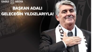 Beşiktaş Başkanı Serdal Adalı, siyah-beyaz atkısıyla gülümsüyor. Arka planda Basketbol Gençler Ligi şampiyonu genç oyuncuların kolajı ve “Başkan Adalı Geleceğin Yıldızlarıyla!” başlığı yer alıyor.