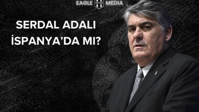 Takım elbiseli Beşiktaş Kulübü Başkanı Serdal Adalı’nın ciddi bir ifadeyle objektife baktığı görsel. Arka planda siyah zemin ve “Serdal Adalı İspanya’da mı?” yazısı yer alıyor.
