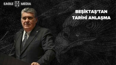 Beşiktaş Başkanı Serdal Adalı'nın siyah fon önünde konuşma yaptığı görsel; sağ üstte “Beşiktaş’tan Tarihi Anlaşma” başlığı ve Eagle Media logosu yer alıyor.