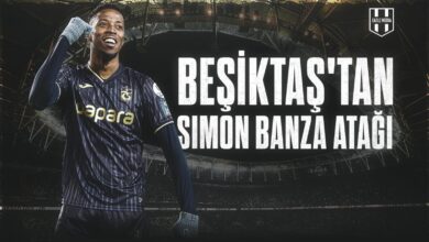 "Trabzonspor formasıyla gol sevinci yaşayan Simon Banza'nın arka planda stadyumla birlikte yer aldığı, sağ tarafta 'Beşiktaş'tan Simon Banza Atağı' başlıklı Eagle Media tasarımı görsel."