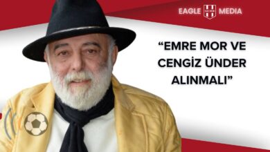 Sinan Vardar’ın “Emre Mor ve Cengiz Ünder alınmalı” sözlerinin yer aldığı görsel. Kırmızı-beyaz zemin üzerinde Eagle Media logosu, sağ köşede açıklama metni ve solda Vardar'ın şapkalı portresi bulunuyor.