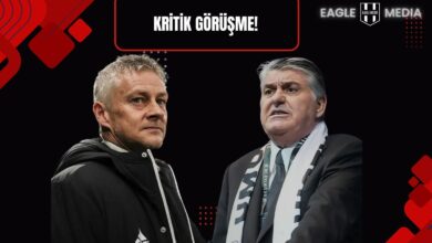 Beşiktaş Teknik Direktörü Ole Gunnar Solskjær ve Başkan Serdal Adalı, siyah arka planda yan yana görülüyor. Üst kısımda “Kritik Görüşme!” başlığı ve Eagle Media logosu yer almakta.