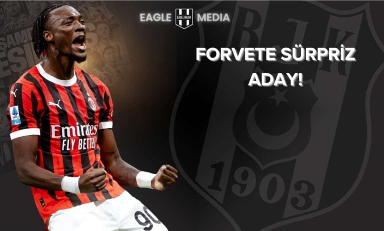 AC Milan formasıyla gol sevincini yaşayan güçlü santrfor, Beşiktaş’ın transfer listesindeki forvet adayları arasında öne çıkıyor. Arka planda Beşiktaş arması ve “Forvete Sürpriz Aday!” başlığı dikkat çekiyor. Görsel, Beşiktaş’ın 2025 transfer gündemine vurgu yapıyor.