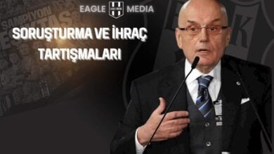 Beşiktaş Divan Kurulu Başkanı Tevfik Yamantürk’ün konuşma yaptığı kare, arka planda “Soruşturma ve İhraç Tartışmaları” yazısı ve Beşiktaşlı futbolcuların yer aldığı kolajla birlikte.