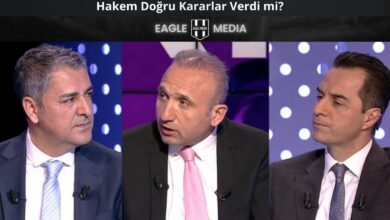 beIN SPORTS Trio programında yer alan eski hakemler Bülent Yıldırım, Deniz Çoban ve Bahattin Duran; Fenerbahçe-Beşiktaş derbisinin tartışmalı hakem kararlarını değerlendirirken stüdyoda takım elbiseleriyle ekrana geliyor. Arka planda mor tonlu LED ışıklar yer almakta. Üstte “Uğur Fora’dan Pankart Açıklaması: İndirtmiyoruz!” başlığı ve Eagle Media logosu yer alıyor.