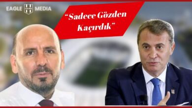 Gazeteci Atilla Türker (solda) ve Beşiktaş eski başkanı Fikret Orman (sağda), “Sadece Gözden Kaçırdık” başlığı altında aynı görselde yer alıyor. Arka planda flu bir stat görüntüsü ve üstte Eagle Media logosu bulunuyor.