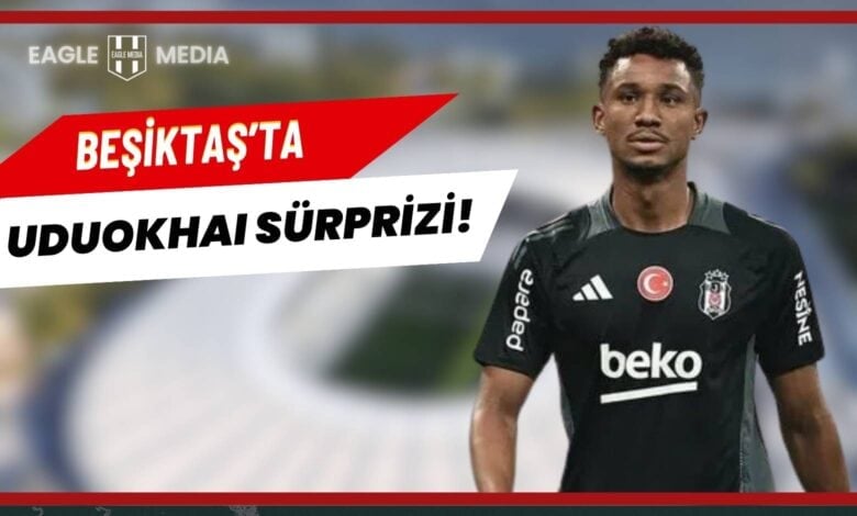 Beşiktaş formasıyla poz veren Felix Uduokhai'nin yer aldığı görsel. Üst kısımda kırmızı-beyaz bant içinde "Beşiktaş'ta Uduokhai Sürprizi!" başlığı bulunuyor. Görsel, Alanyaspor maçı hazırlıkları sırasında Uduokhai'nin takıma dönüşünü vurguluyor.