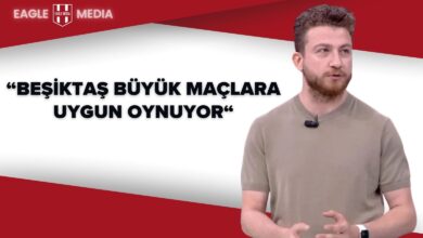 Spor yorumcusu Uğur Karakullukçu, Kontraspor kanalındaki yayında konuşurken görüntüleniyor. Üst kısımda “Beşiktaş Büyük Maçlara Uygun Oynuyor” başlığı kırmızı ve beyaz arka planla öne çıkıyor, üstte Eagle Media logosu yer alıyor.