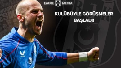 Vaclav Cerny, Rangers formasıyla gol sevinci yaşarken hırslı bir şekilde yumruğunu sıkıyor. Arka planda Beşiktaş logosu ve “Kulübüyle Görüşmeler Başladı!” yazısı yer alıyor. Görsel, Beşiktaş’ın Cerny transferindeki resmi adımlarını simgeliyor.