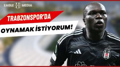 Beşiktaş formasıyla görülen Vincent Aboubakar, arka planda flu stadyum görseliyle birlikte. Görselin üst kısmında “Trabzonspor’da Oynamak İstiyorum!” başlığı ve Eagle Media logosu yer alıyor.