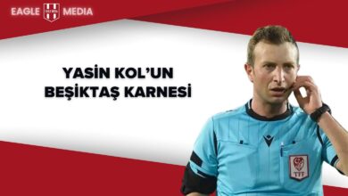 TFF hakemi Yasin Kol, kulaklığıyla sahada. Görselde “Yasin Kol’un Beşiktaş Karnesi” yazısı ve kırmızı-beyaz arka plan yer alıyor.