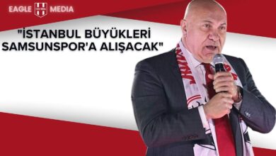 Samsunspor Başkanı Yüksel Yıldırım, kırmızı beyaz atkısıyla mikrofonla konuşurken; yanında "İstanbul Büyükleri Samsunspor'a Alışacak" başlığı yer alıyor.