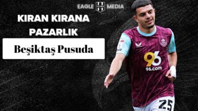 Burnley formasıyla Zeki Amdouni’nin sahadaki görüntüsü, üstte “Kıran Kırana Pazarlık – Beşiktaş Pusuda” başlığı yer alıyor.