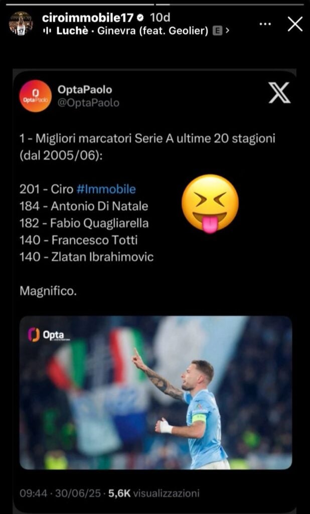 Immobile'den İmalı Paylaşım! 2 Son dönemde adı Bologna ile sıkça anılan tecrübeli golcü Ciro İmmobile, sosyal medyadan yaptığı dikkat çekici bir paylaşım ile gündeme geldi. İmmobile, Instagram hesabından son 20 sezonda Serie A’nın en iyi golcüleri listesini paylaştı. Son dönemde adı Bologna ile sıkça anılan tecrübeli golcü Ciro İmmobile, sosyal medyadan yaptığı dikkat çekici bir paylaşım ile gündeme geldi. İmmobile, Instagram hesabından son 20 sezonda Serie A’nın en iyi golcüleri listesini paylaştı.