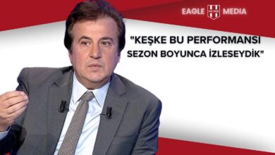 Sabah gazetesi yazarı Ali Gültiken, Beşiktaş’ın sezon finali sonrası performans değerlendirmesi yaparken, “Keşke bu performansı sezon boyunca izleseydik” ifadelerini kullanıyor; arka planda Eagle Media logosu yer alıyor.