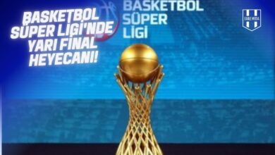 Basketbol Süper Ligi kupası önünde “Basketbol Süper Ligi'nde Yarı Final Heyecanı” yazılı görsel. Beşiktaş Fibabanka, Anadolu Efes, Bahçeşehir Koleji ve Fenerbahçe Beko yarı finalde.