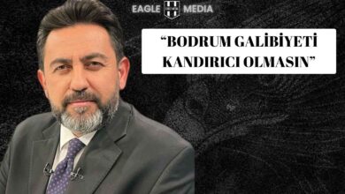 Fatih Doğan, siyah arka plan önünde takım elbiseyle poz verirken, görselde “Bodrum galibiyeti kandırıcı olmasın” ifadesi yer alıyor; üst bölümde Eagle Media logosu bulunmakta.