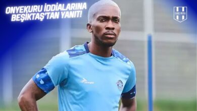 Mavi formasıyla saha kenarında görülen Henry Onyekuru’nun yer aldığı görsel. Görselin üst kısmında “Onyekuru iddialarına Beşiktaş’tan yanıt!” yazısı bulunuyor.