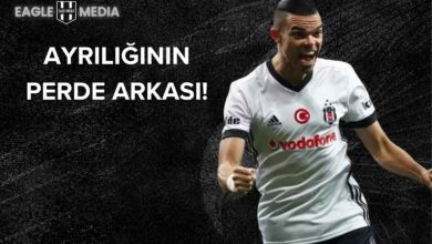 Beşiktaş formasıyla coşkulu şekilde sevinen Pepe'nin yer aldığı görsel. Arka planda siyah doku üzerinde "Ayrılığının Perde Arkası!" başlığı ve Eagle Media logosu yer almakta.