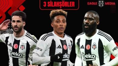 Beşiktaş forması giyen Rafa Silva, Gedson Fernandes ve Arthur Masuaku’nun yer aldığı bir görsel. Üzerinde "3 Silahşörler" yazısı, üst köşede ise Eagle Media logosu yer alıyor.