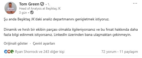 Beşiktaş Analiz Departmanı Genişliyor! 2 Beşiktaş’ta dikkat çeken bir gelişme yaşandı. Siyah-beyazlı kulübün baş analizcisi Tom Green, kişisel LinkedIn hesabı üzerinden yaptığı açıklamayla analiz ekibinde genişlemeye gidileceğini duyurdu. Beşiktaş Analiz Departmanı Genişliyor!
tom green